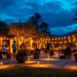 A photograph of a beautifully illuminated outdoor patio featuring solar lights in various designs
