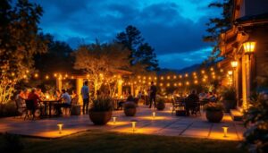A photograph of a beautifully illuminated outdoor patio featuring solar lights in various designs