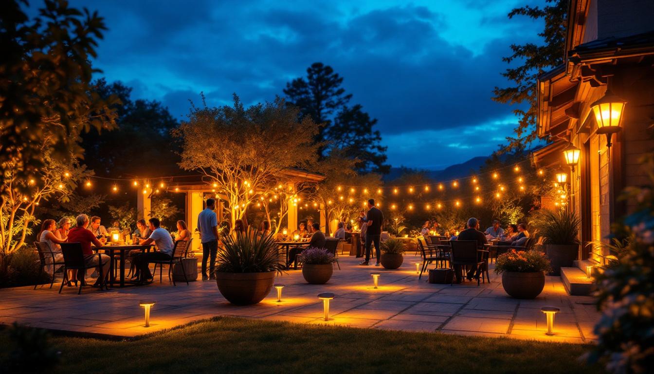 A photograph of a beautifully illuminated outdoor patio featuring solar lights in various designs