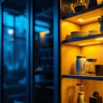 A photograph of a beautifully lit cabinet featuring vibrant led strip lighting
