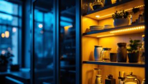 A photograph of a beautifully lit cabinet featuring vibrant led strip lighting