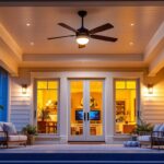 A photograph of a beautifully designed exterior porch featuring a stylish ceiling fan with integrated smart lighting