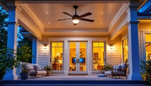 A photograph of a beautifully designed exterior porch featuring a stylish ceiling fan with integrated smart lighting