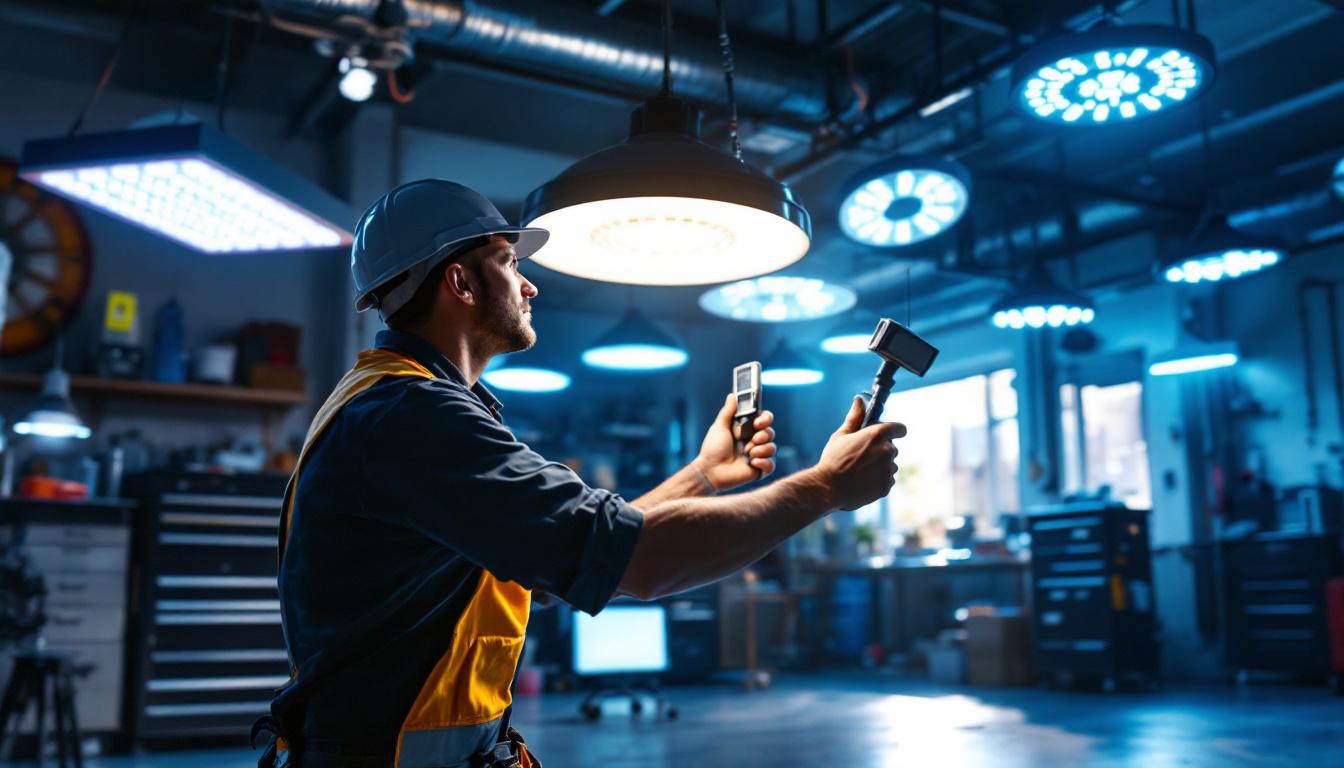 A photograph of a well-lit garage showcasing various led light fixtures in use