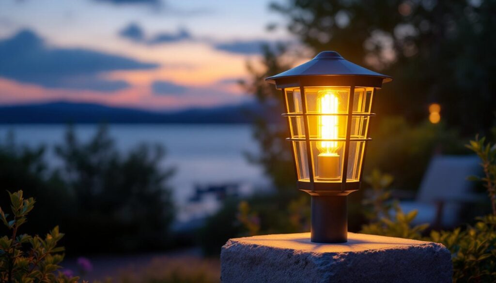 A photograph of a stylish pier mount lamp illuminated at dusk