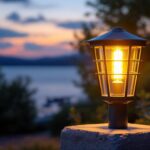 A photograph of a stylish pier mount lamp illuminated at dusk