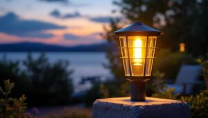 A photograph of a stylish pier mount lamp illuminated at dusk