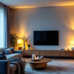 A photograph of a beautifully designed living space showcasing various lighting controls in action