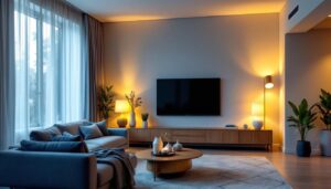 A photograph of a beautifully designed living space showcasing various lighting controls in action