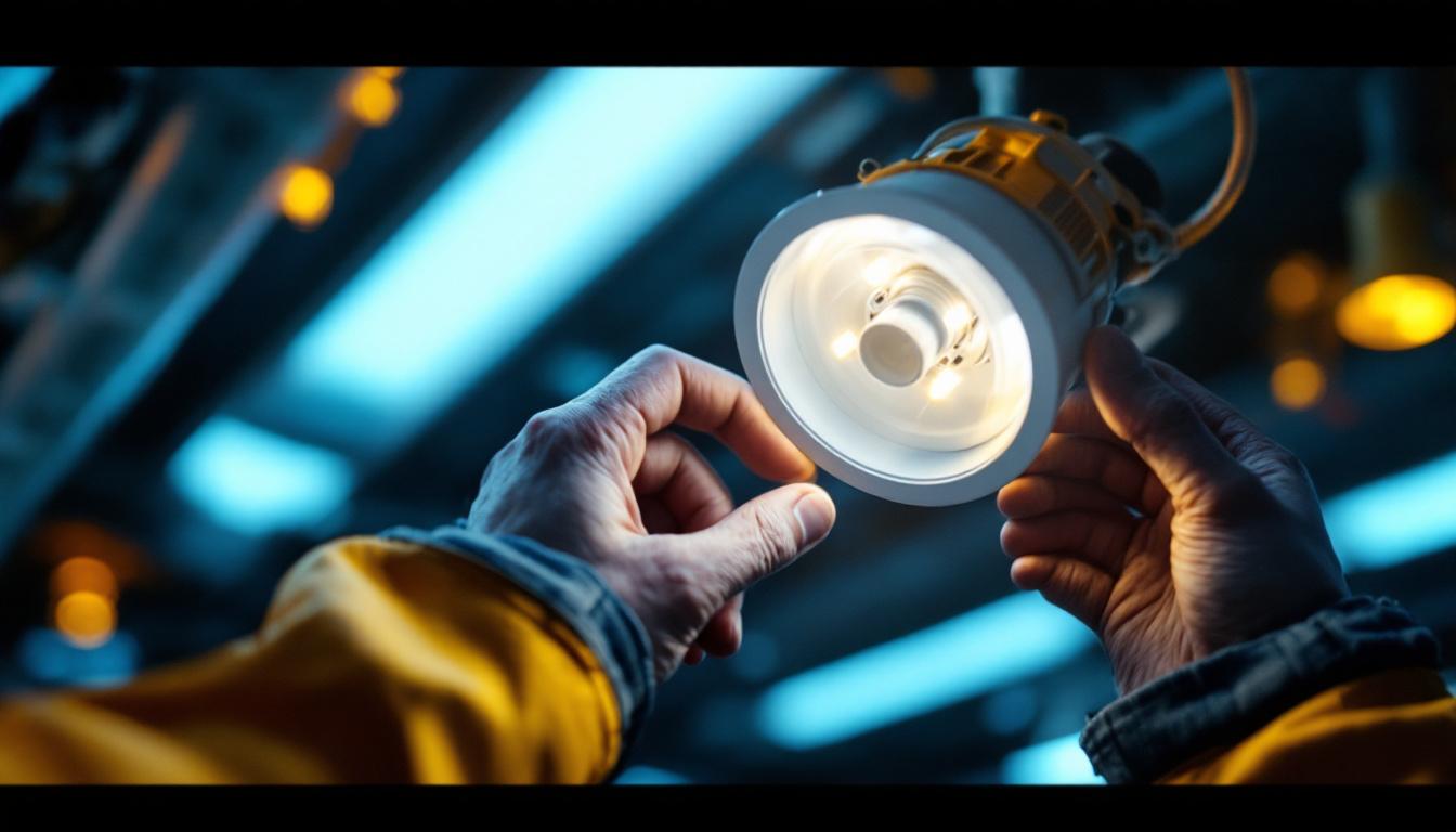 A photograph of a close-up shot of a fluorescent light fixture socket being installed by a contractor