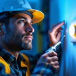 A photograph of a lighting contractor expertly installing a push button switch in a well-lit environment