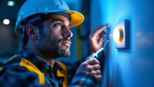 A photograph of a lighting contractor expertly installing a push button switch in a well-lit environment