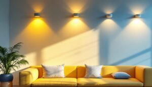 A photograph of a well-designed interior space featuring various styles of flat wall lights