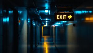A photograph of a dimly lit corridor featuring an old