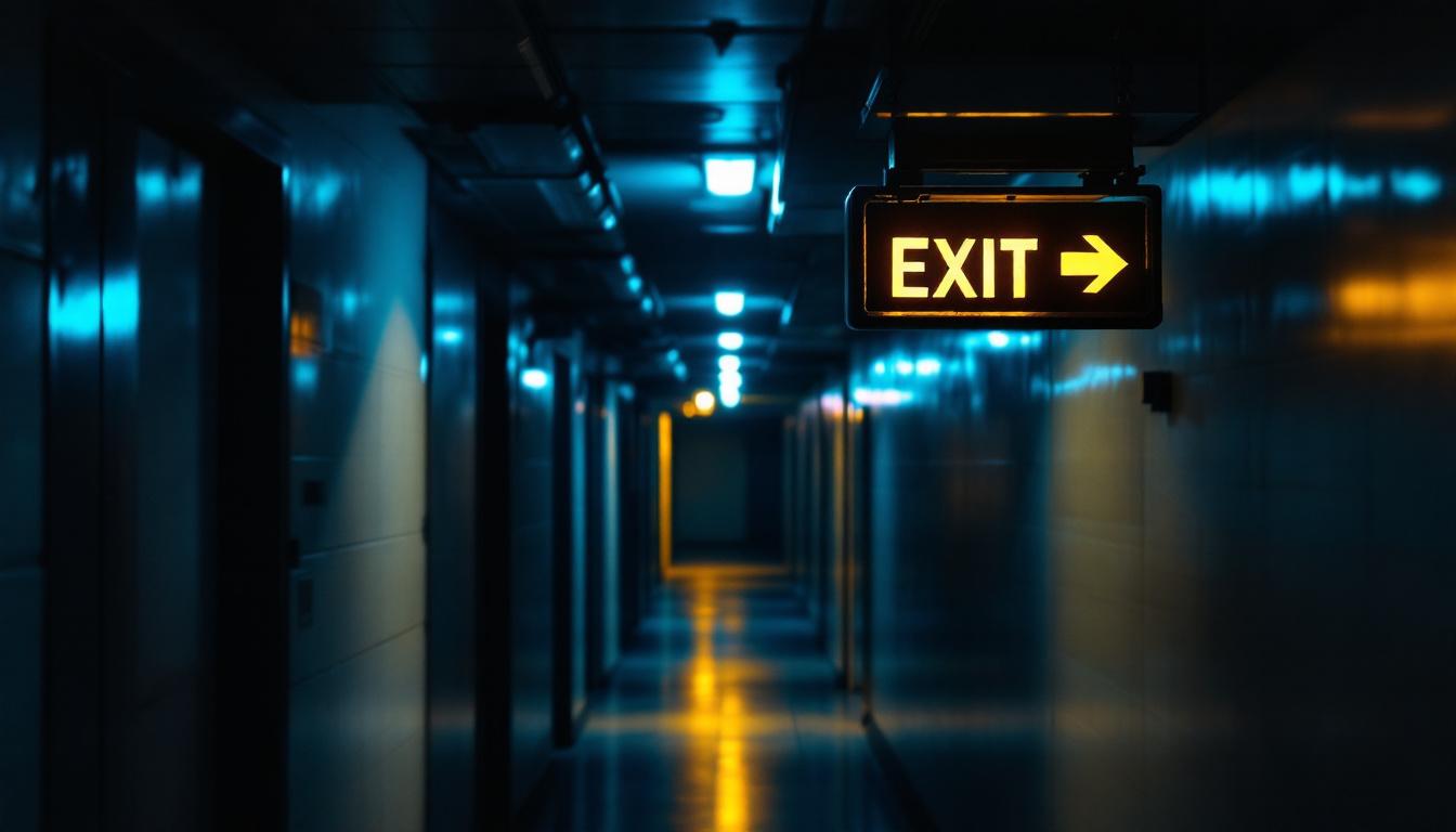A photograph of a dimly lit corridor featuring an old