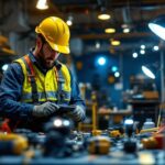 A photograph of a lighting contractor actively working on a project