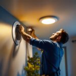 A photograph of a lighting contractor installing a 3-inch recessed led light in a modern residential setting