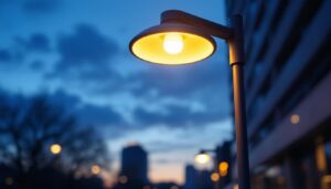 A photograph of a stylish lamp post light with an integrated outlet