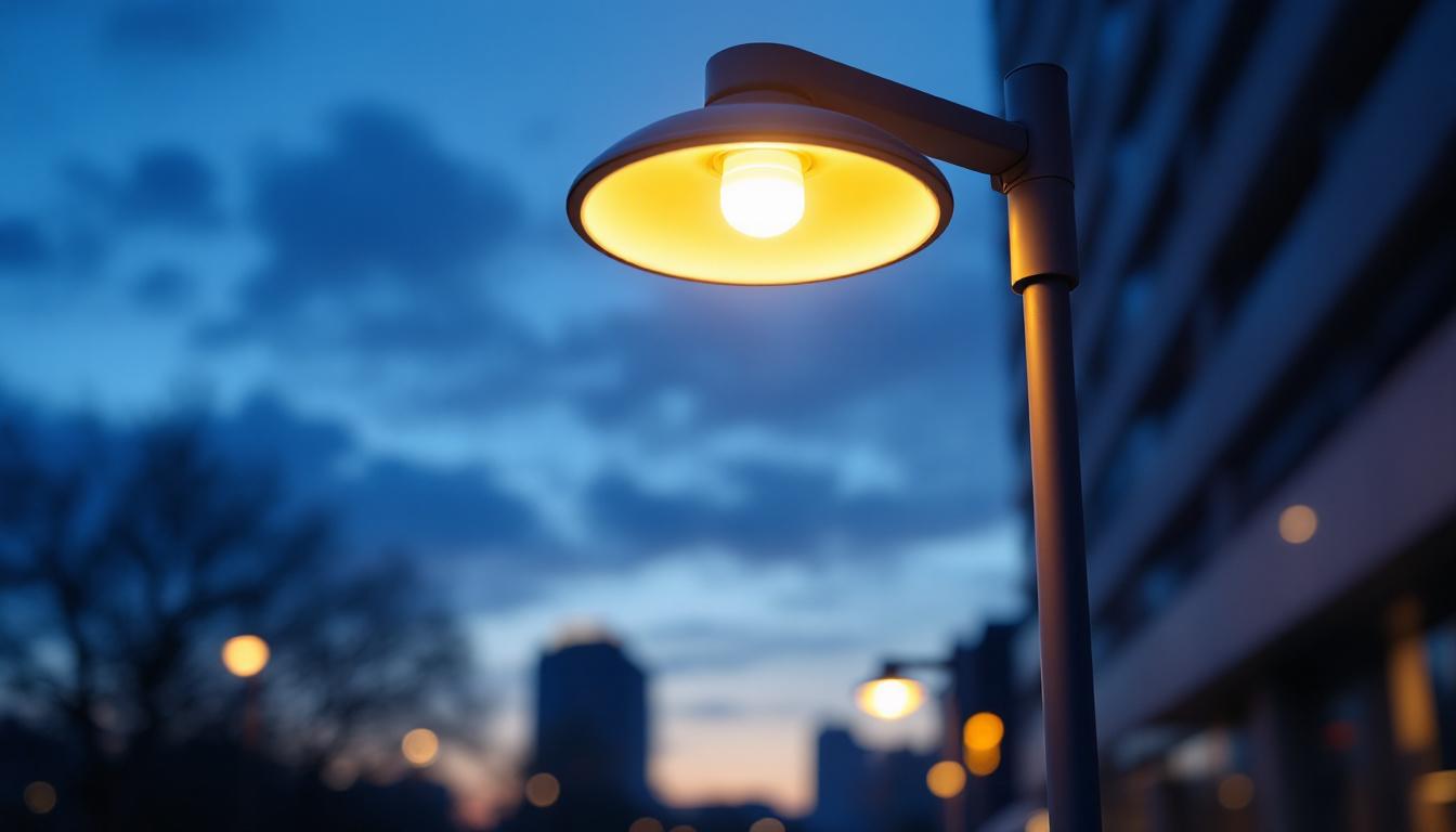 A photograph of a stylish lamp post light with an integrated outlet
