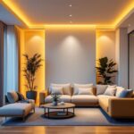 A photograph of a well-lit interior space showcasing stylish 3-inch recessed can lights in various applications