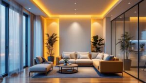 A photograph of a well-lit interior space showcasing stylish 3-inch recessed can lights in various applications