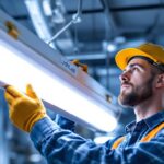 A photograph of a lighting contractor expertly installing or inspecting a fluorescent fixture ballast