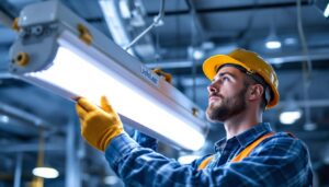 A photograph of a lighting contractor expertly installing or inspecting a fluorescent fixture ballast
