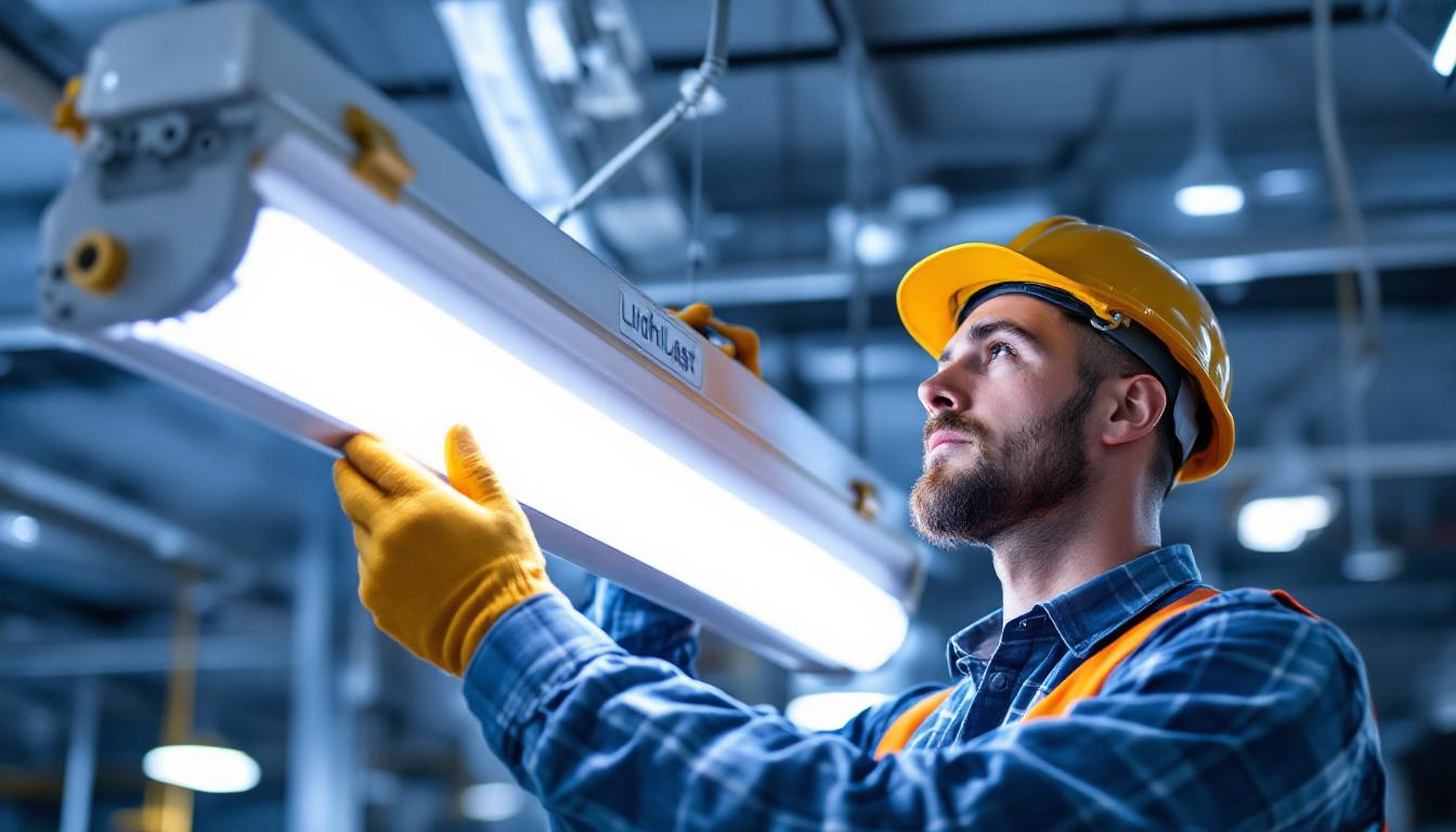 A photograph of a lighting contractor expertly installing or inspecting a fluorescent fixture ballast