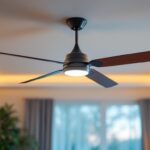 A photograph of a stylish ceiling fan with integrated lighting in a well-lit