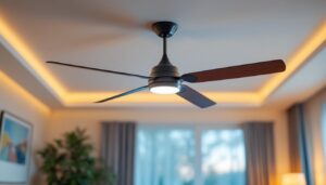 A photograph of a stylish ceiling fan with integrated lighting in a well-lit