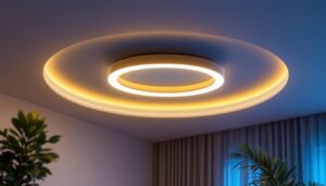 A photograph of a stylish circular led ceiling light installed in a modern interior setting