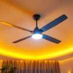 A photograph of a stylish ceiling fan installed in a well-lit