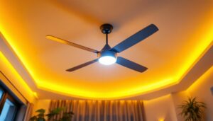 A photograph of a stylish ceiling fan installed in a well-lit