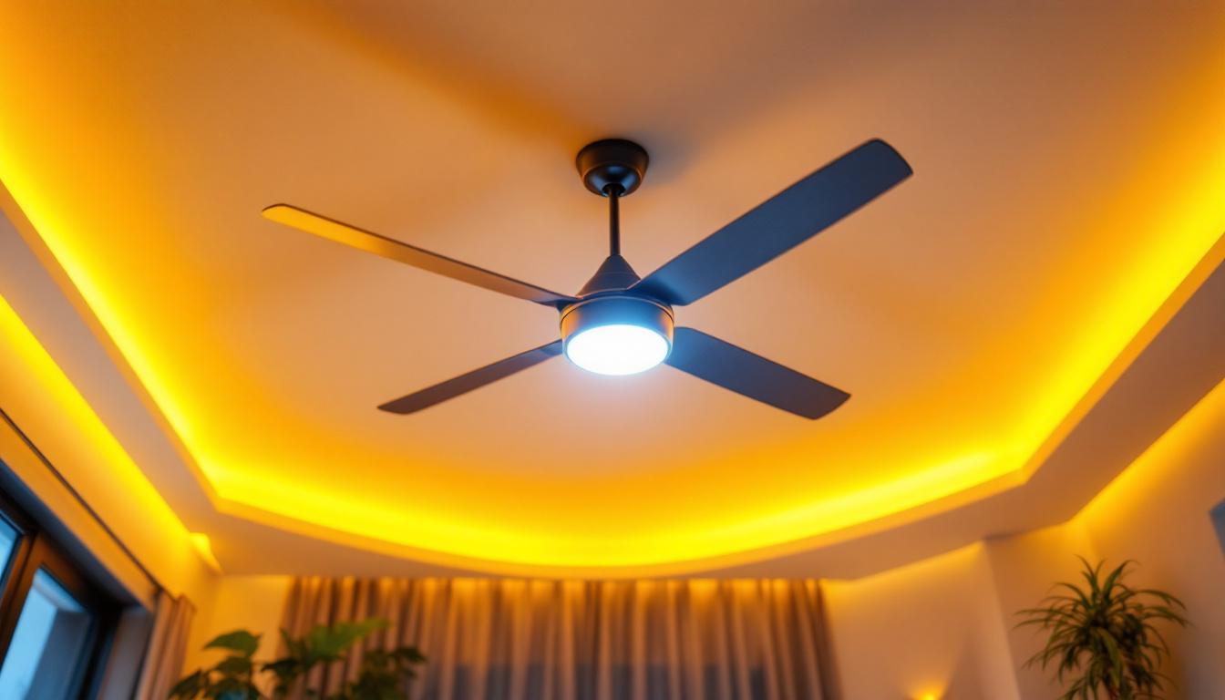 A photograph of a stylish ceiling fan installed in a well-lit
