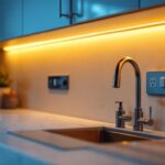 A photograph of a well-designed kitchen featuring under cabinet lighting with integrated outlets
