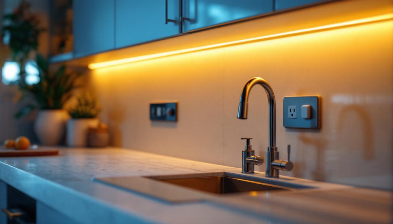 A photograph of a well-designed kitchen featuring under cabinet lighting with integrated outlets