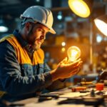 A photograph of a lighting contractor inspecting a type g 40 watt light bulb in a well-lit workspace