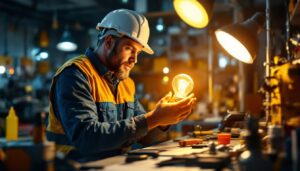 A photograph of a lighting contractor inspecting a type g 40 watt light bulb in a well-lit workspace
