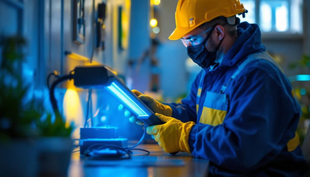 A photograph of a lighting contractor using uv lighting equipment to sanitize a workspace