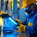A photograph of a lighting contractor using uv lighting equipment to sanitize a workspace