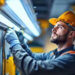 A photograph of a lighting contractor skillfully installing led light bulbs in a fluorescent fixture