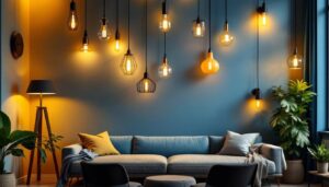 A photograph of a beautifully designed room featuring a variety of stylish light fixtures
