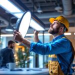 A photograph of a lighting contractor expertly installing a vibrant led kit in a modern workspace