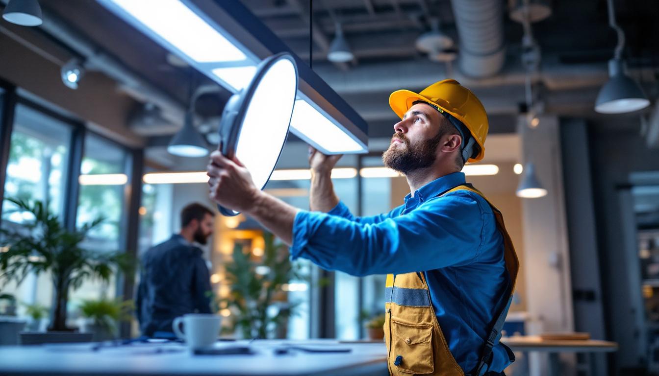 A photograph of a lighting contractor expertly installing a vibrant led kit in a modern workspace
