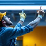 A photograph of a lighting contractor installing a 24 fluorescent light fixture in a commercial space