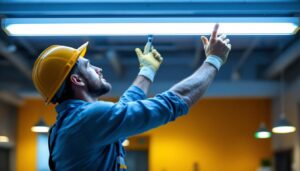 A photograph of a lighting contractor installing a 24 fluorescent light fixture in a commercial space