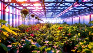 A photograph of a vibrant greenhouse filled with various plants