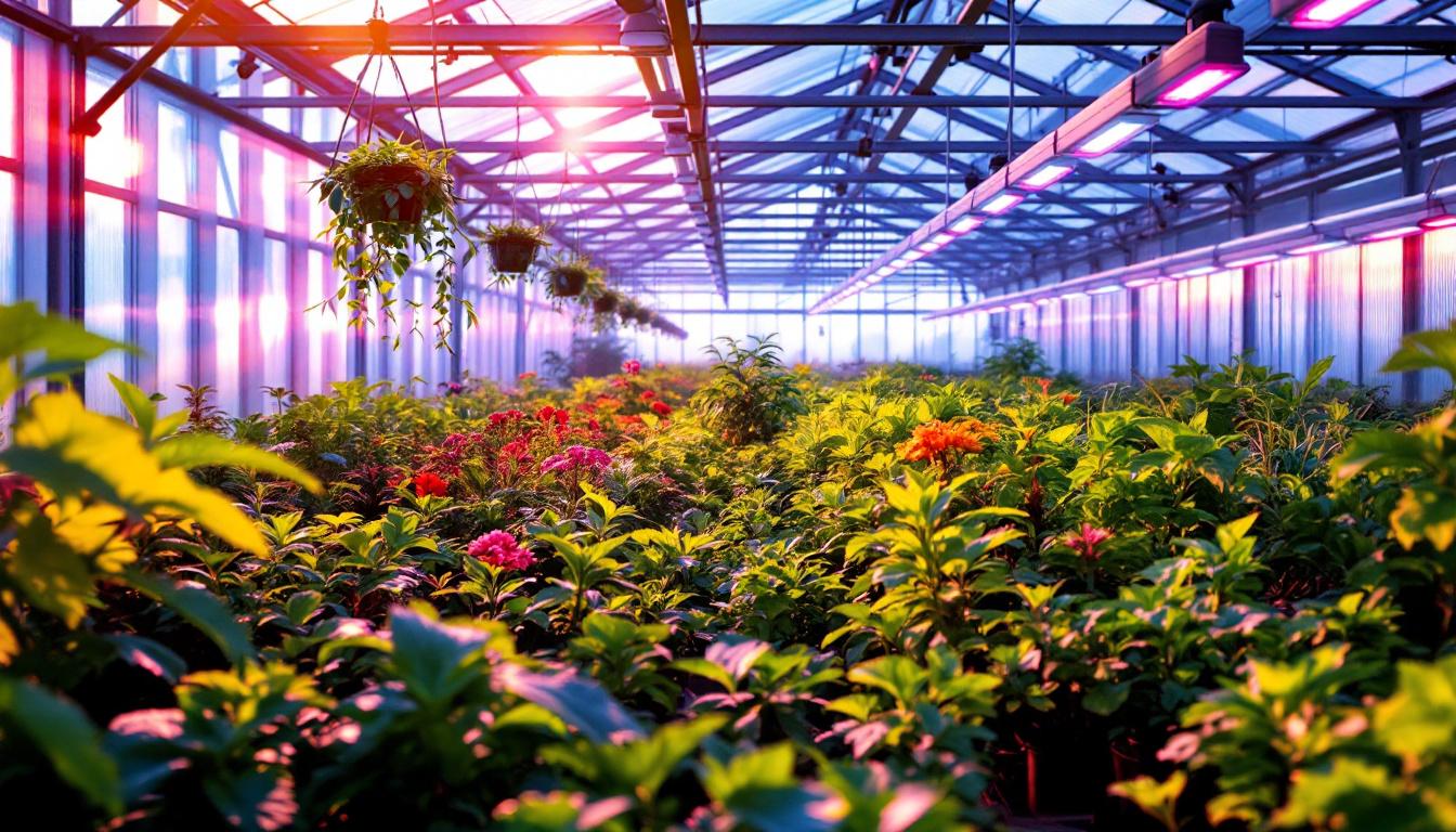 A photograph of a vibrant greenhouse filled with various plants
