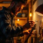 A photograph of a lighting contractor working on a residential or commercial lighting installation