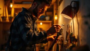 A photograph of a lighting contractor working on a residential or commercial lighting installation